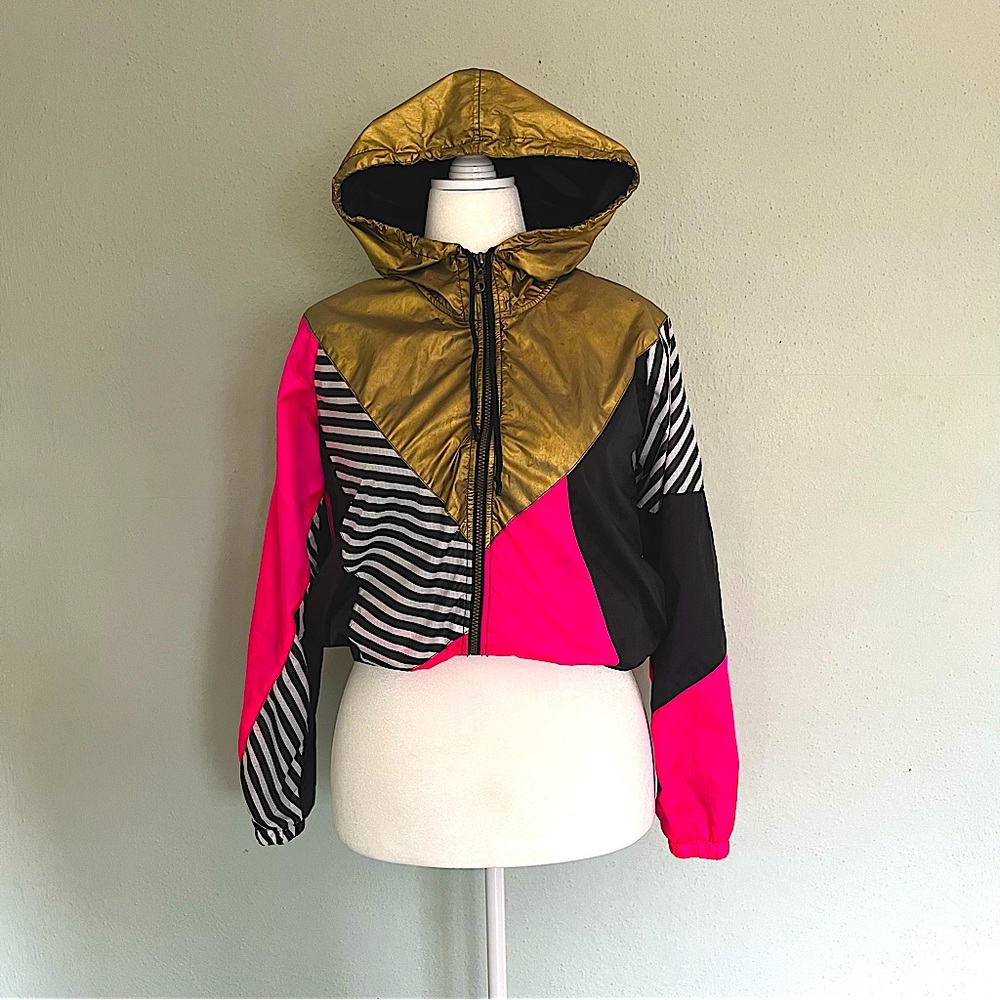 I❤️NoName Black Gold Pink Hooded Windbreaker Jacket Women’s S